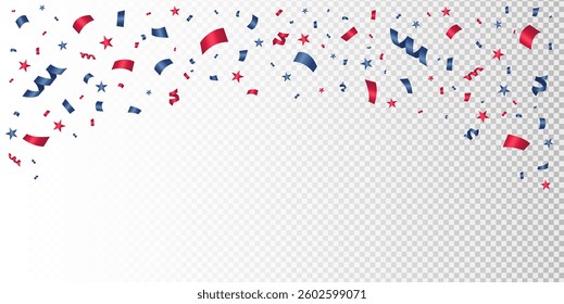 Banner with falling blue and red confetti, tinsel and stars. USA flag color. Festive background with shimmering decorations. For celebrations, holidays, 4th of july, independence day and promotions
