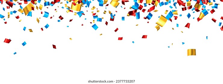 Banner with falling colorful cut out foil ribbon confetti background with space for text. Design element. Vector illustration.