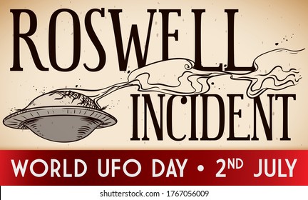 
Banner With Falling Down Spaceship With Smoke And Debris Commemorating The Roswell Incident This 2nd July For The World UFO Day.