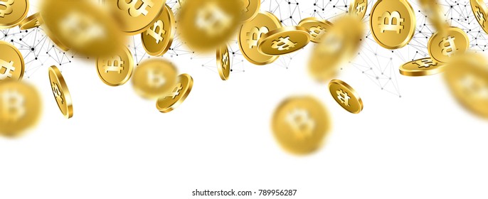 Banner with falling gold bitcoins and network pattern. Vector money illustration.