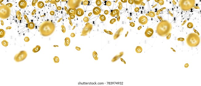 Banner with falling gold bitcoins and social network. Vector money illustration.
