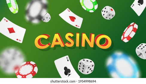 Banner with falling red, green, blue, black poker chips, tokens, white dices, playing cards on green background and yellow letters. Vector illustration for casino, game design, advertising.