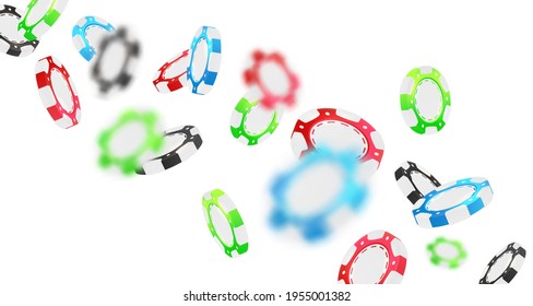 Banner with falling red, green, blue, black poker chips, tokens isolated on white background. Vector illustration for casino, game design, advertising.