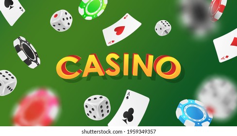 Banner with falling red, green, blue, black poker chips, tokens, white dices, playing cards on green background and yellow letters. Vector illustration for casino, game design, advertising.