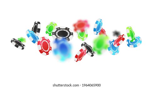 Banner with falling red, green, blue, black poker chips, tokens isolated on white background. Vector illustration for casino, game design, advertising.