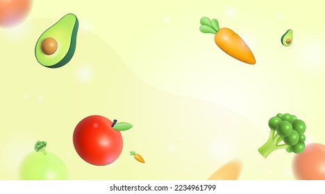 banner falling vegetables 3d Set Vector 3d of Carrot, avocado, broccoli, apple Fresh vegetable