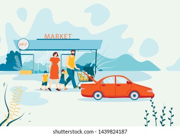 Banner Family Buys Groceries in Supermarket Flat. Husband, Wife and Children go Through Parking Lot Shopping Center with Cart Full Goods. People Next to Store Parked Car. Vector Illustration.