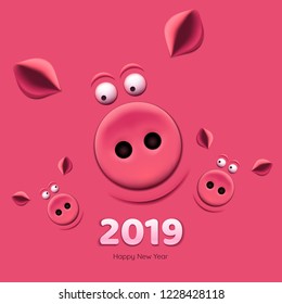 Banner with family of pig's on pink background. 2019 New Year.
