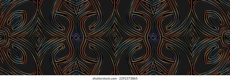 Banner, fantasy cover design. Embossed ethnic shiny 3d tribal boho pattern, ornaments. Geometric black background, press paper. Vintage oriental, indonesian, mexican, aztec style.