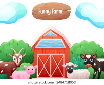 Banner with farm house and animals. Vector kids illustration