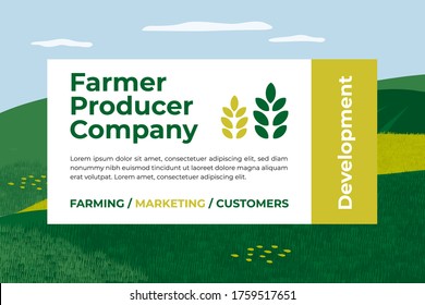 Cartel para la empresa de productores campesinos. Comercialización y desarrollo de la agricultura. Diseño para la agricultura o la ganadería. Ilustración vectorial con campo agrícola, texto y signo de trigo para volante, web