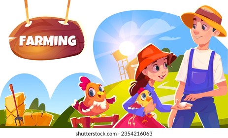 Banner with farming and people. Horizontal poster with smiling characters girl and farmer, chicken and egg, hay and field. Agriculture, farm and rural concept. Cartoon flat vector illustration