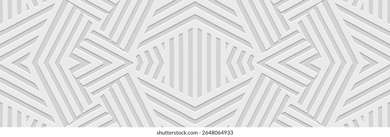Banner, fashion cover design, wallpaper. Geometric ethnic linear pattern on white background, embossing. 3D relief ornaments, arabesques, mandala, fresco, painting of the East, Asia, India, Mexico.