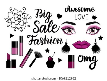 Banner Fashion. Lettering inscription Big Sale. Hand drawn female face with trend make up and tassel earrings. Cometics bottle. Vector illustration isolated on white background.