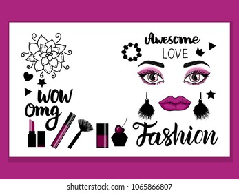 Banner Fashion. Lettering inscription. Hand drawn female face with trend make up and tassel earrings. Cometics bottle and tassel earrings. Vector illustration isolated on white background.