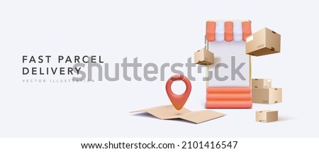 Banner for fast delivery with store in phone, parcels, location in 3d realistic style. Vector illustration