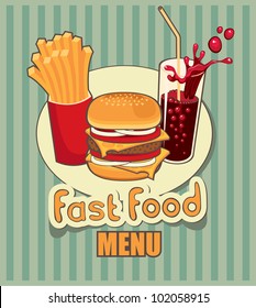 banner with fast food with cola, hamburger and fries