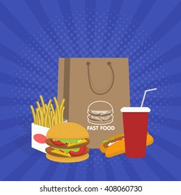 Banner with fast food with cola, hamburger and fries vector illustration