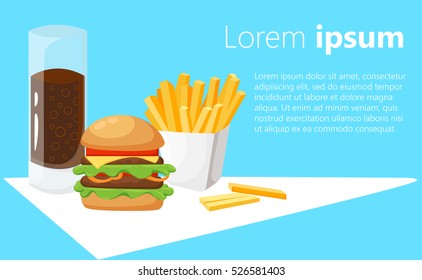 Banner with fast food with cola, hamburger and fries Fast food restaurant menu template vector illustration elements. Set of abstract advertising price tags about fast food meal. 