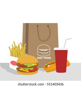 Banner with fast food with cola, hamburger and fries vector illustration