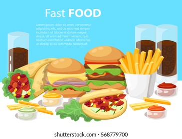 Banner with fast food with cola, hamburger and fries Fast food restaurant menu template vector illustration elements. Set of abstract advertising price tags about fast food meal. burrito sauce