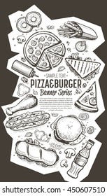 Banner with fast food hand drawn vector illustration. Template of fast food menu design with burger, pizza, hot dog, drinks and other fast food menu items. Cover of restaurant or cafe menu design. 