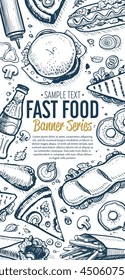 Banner with fast food hand drawn vector illustration. Template of fast food menu design with burger, pizza, hot dog, drinks and other fast food menu items. Cover of restaurant or cafe menu design. 