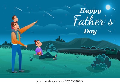 
Banner father shows stars to children. Night walk on Father's Day. The illustration is a finished postcard. Designer poster vector night landscape. Family together
