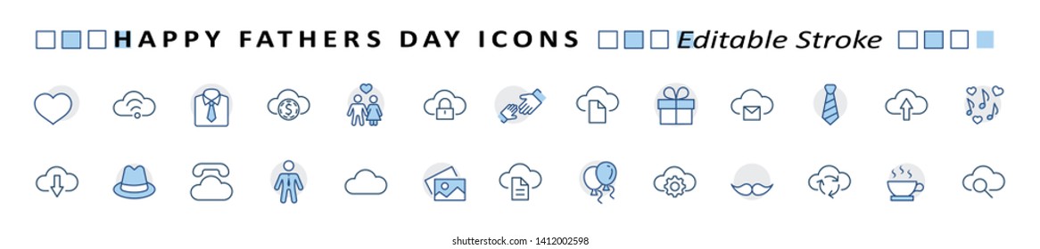 Banner Father's Day Set Line Vector Icon. Cover Contains such Icons as Father, Family, Mustache, Dad, Tie, Shirt, Handshake, Hat, Coffee, Purse, Gift, Portfolio, Love and more. Editable Stroke