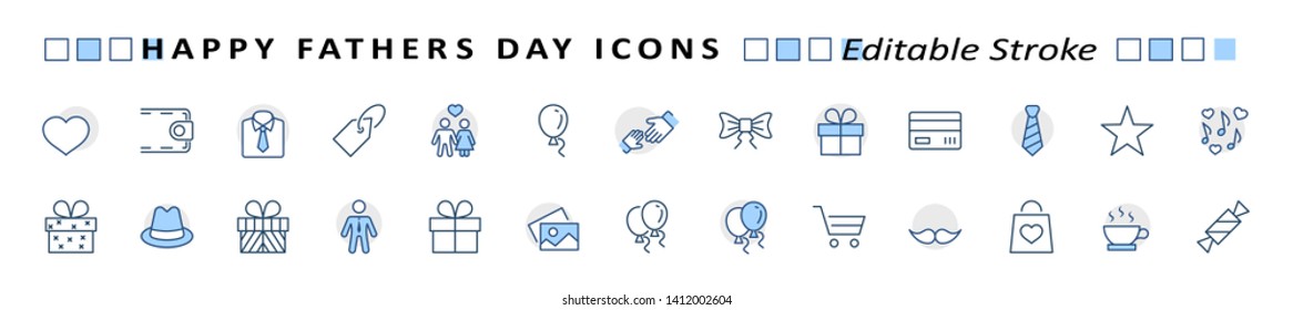 Banner Father's Day Set Line Vector Icon. Cover Contains such Icons as Father, Family, Mustache, Dad, Tie, Shirt, Handshake, Hat, Coffee, Purse, Gift, Portfolio, Love and more. Editable Stroke