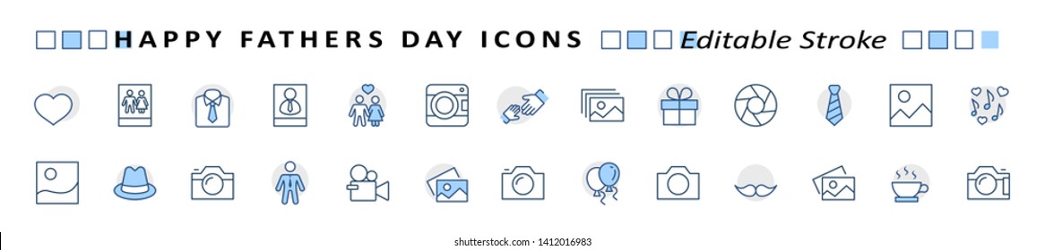 Banner Father's Day Set Line Vector Icon. Cover Contains such Icons as Father, Family, Mustache, Dad, Tie, Shirt, Handshake, Hat, Coffee, Purse, Gift, Portfolio, Love and more. Editable Stroke