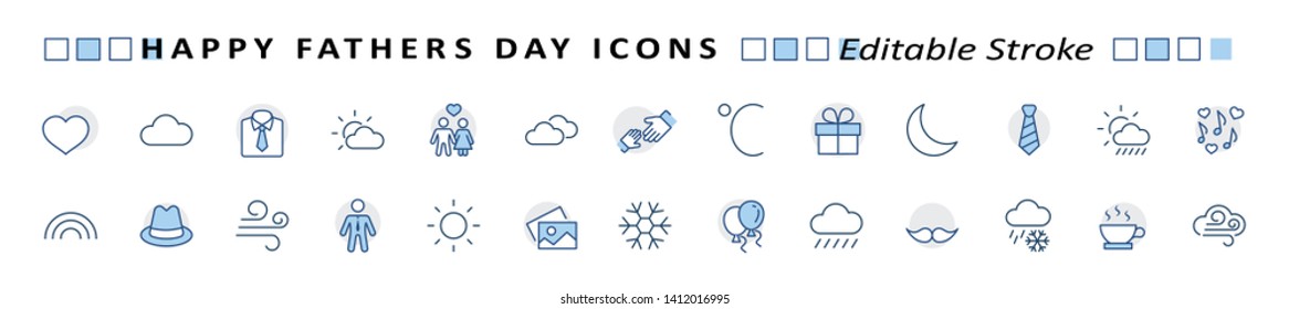 Banner Father's Day Set Line Vector Icon. Cover Contains such Icons as Father, Family, Mustache, Dad, Tie, Shirt, Handshake, Hat, Coffee, Purse, Gift, Portfolio, Love and more. Editable Stroke