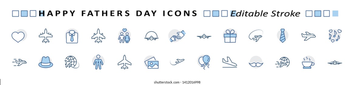 Banner Father's Day Set Line Vector Icon. Cover Contains Such Icons As Father, Family, Mustache, Dad, Tie, Shirt, Handshake, Hat, Coffee, Purse, Gift, Portfolio, Love And More. Editable Stroke