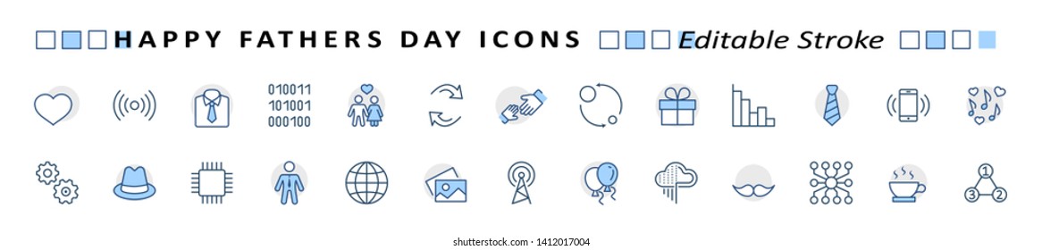 Banner Father's Day Set Line Vector Icon. Cover Contains such Icons as Father, Family, Mustache, Dad, Tie, Shirt, Handshake, Hat, Coffee, Purse, Gift, Portfolio, Love and more. Editable Stroke