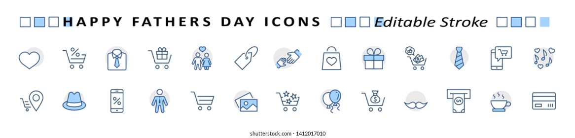 Banner Father's Day Set Line Vector Icon. Cover Contains such Icons as Father, Family, Mustache, Dad, Tie, Shirt, Handshake, Hat, Coffee, Purse, Gift, Portfolio, Love and more. Editable Stroke