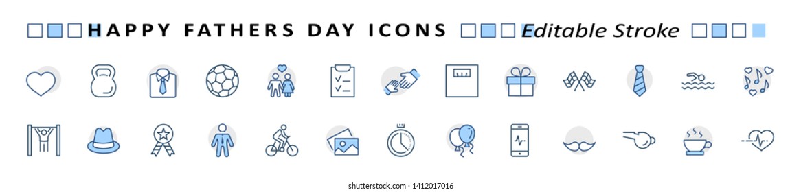 Banner Father's Day Set Line Vector Icon. Cover Contains such Icons as Father, Family, Mustache, Dad, Tie, Shirt, Handshake, Hat, Coffee, Purse, Gift, Portfolio, Love and more. Editable Stroke