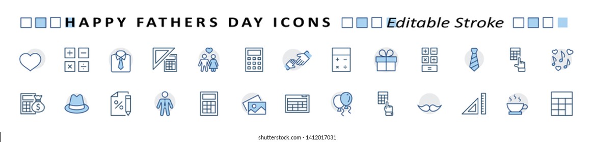 Banner Father's Day Set Line Vector Icon. Cover Contains such Icons as Father, Family, Mustache, Dad, Tie, Shirt, Handshake, Hat, Coffee, Purse, Gift, Portfolio, Love and more. Editable Stroke