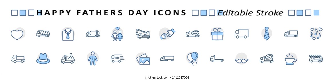 Banner Father's Day Set Line Vector Icon. Cover Contains such Icons as Father, Family, Mustache, Dad, Tie, Shirt, Handshake, Hat, Coffee, Purse, Gift, Portfolio, Love and more. Editable Stroke