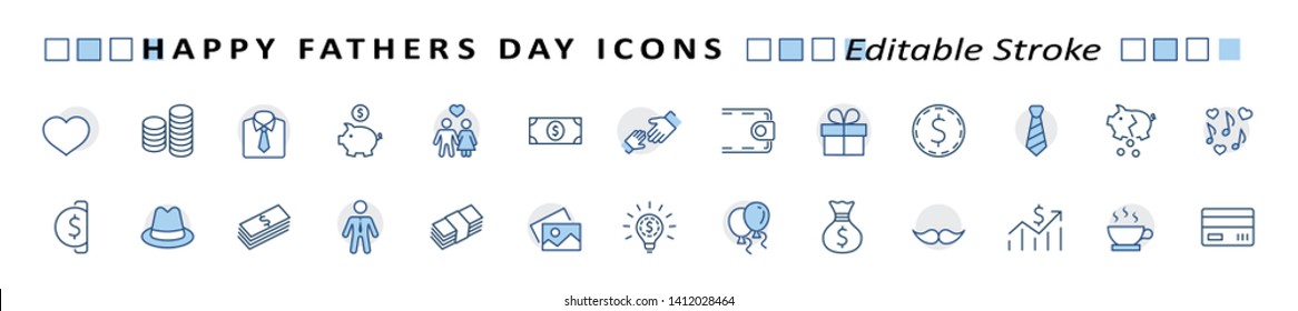 Banner Father's Day Set Line Vector Icon. Cover Contains such Icons as Father, Family, Mustache, Dad, Tie, Shirt, Handshake, Hat, Coffee, Purse, Gift, Portfolio, Love and more. Editable Stroke