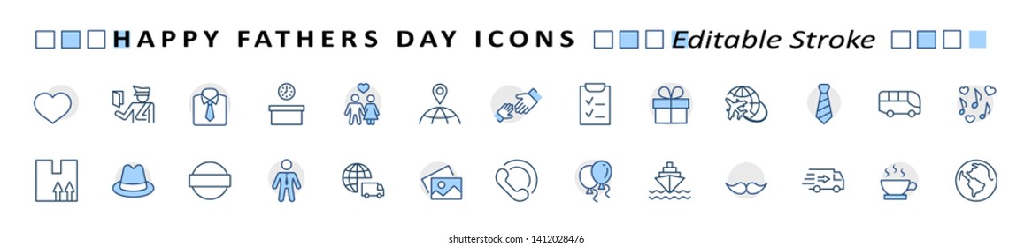 Banner Father's Day Set Line Vector Icon. Cover Contains such Icons as Father, Family, Mustache, Dad, Tie, Shirt, Handshake, Hat, Coffee, Purse, Gift, Portfolio, Love and more. Editable Stroke