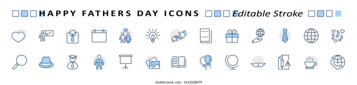 Banner Father's Day Set Line Vector Icon. Cover Contains such Icons as Father, Family, Mustache, Dad, Tie, Shirt, Handshake, Hat, Coffee, Purse, Gift, Portfolio, Love and more. Editable Stroke