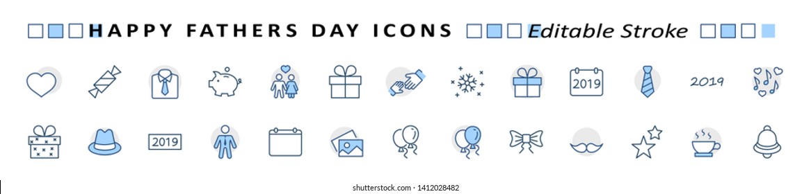 Banner Father's Day Set Line Vector Icon. Cover Contains such Icons as Father, Family, Mustache, Dad, Tie, Shirt, Handshake, Hat, Coffee, Purse, Gift, Portfolio, Love and more. Editable Stroke