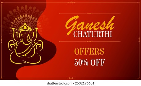 The banner features Ganesh Chaturthi in gold text on a deep red background with a golden mandala Lord Ganesha's silhouette and 50% OFF offer below







