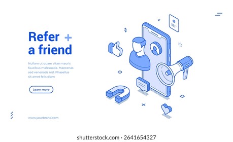 Banner features isometric elements focusing on friend referrals. A smartphone displays user profiles, promoting sharing and engagement through social connections and modern design.