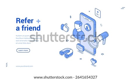 Banner features isometric elements focusing on friend referrals. A smartphone displays user profiles, promoting sharing and engagement through social connections and modern design.