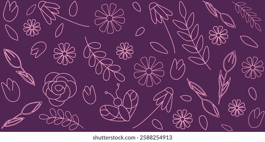 Banner Featuring Delicate Pink Floral Outlines On Dark Purple Background. A decorative design showcasing a variety of delicate pink floral and leaf outlines arranged on a dark purple background. 