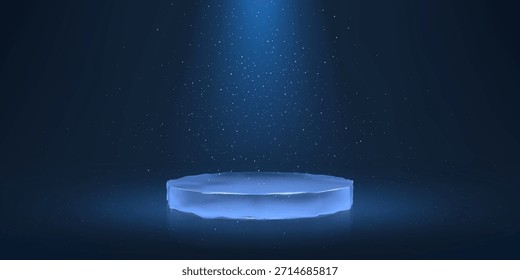 Ein Banner mit einem eisigen runden Podium auf blauem Hintergrund mit Scheinwerfern und fallendem Schnee. Geeignet für Produktpräsentationen, Werbung und Winterprojekte. Realistische Vektorgrafik.