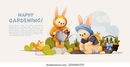 Banner featuring two bunnies watering a carrot in a garden, with a basket of veggies and a chicken surrounded by colorful Easter eggs nearby, in a vector clipart illustration on a beige background