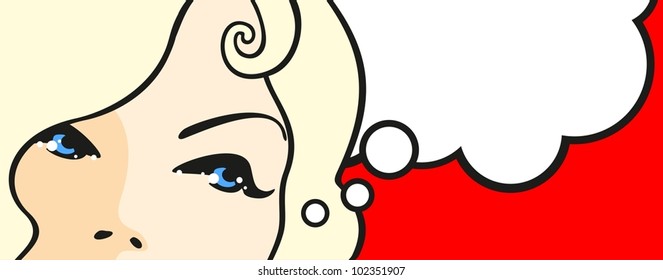 Banner with female eyes and thinking bubble