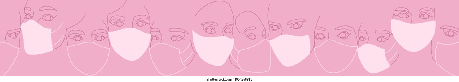 Banner of female faces in protective medical masks drawn with one continuous line. Minimalistic abstract portraits of beautyful women. Modern fashion concept. In pink colors